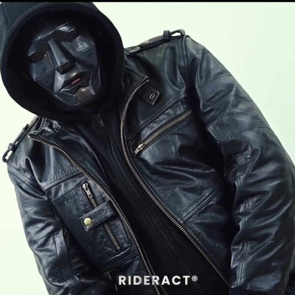 RIDERACT® Men’s Black Leather Motorcycle Jacket with Hood  Winter Biker Gear